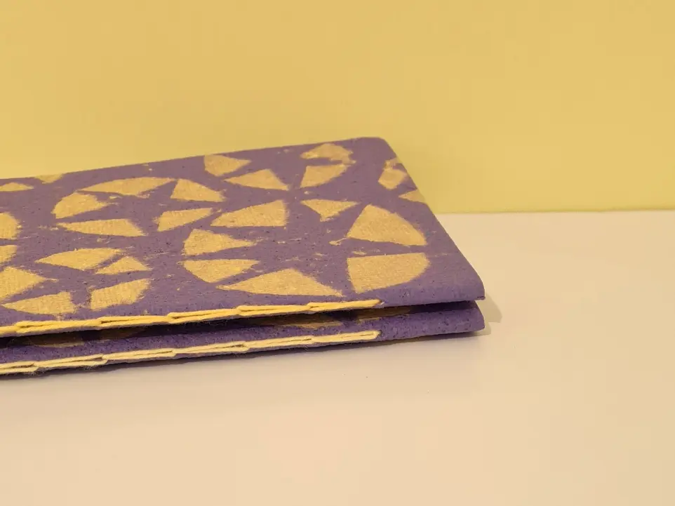 Carnets disposés pour rendre la reliure visible. Reliure au point de chainettes